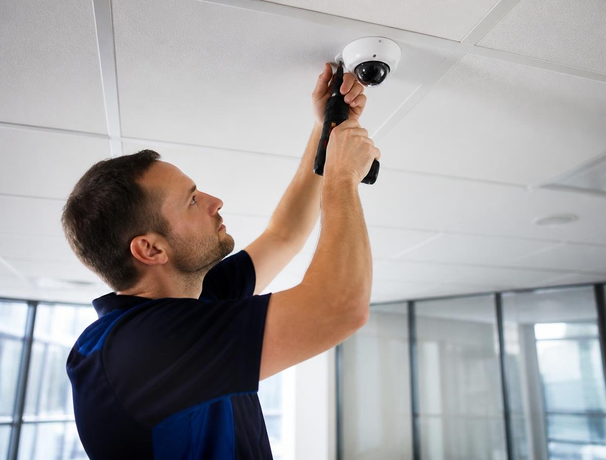 Technician installing a CCTV dome camera