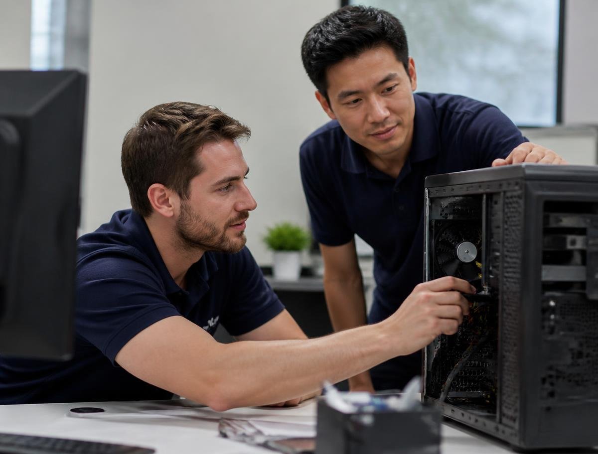 Two IT support engineers troubleshooting a desktop computer at an office workstation