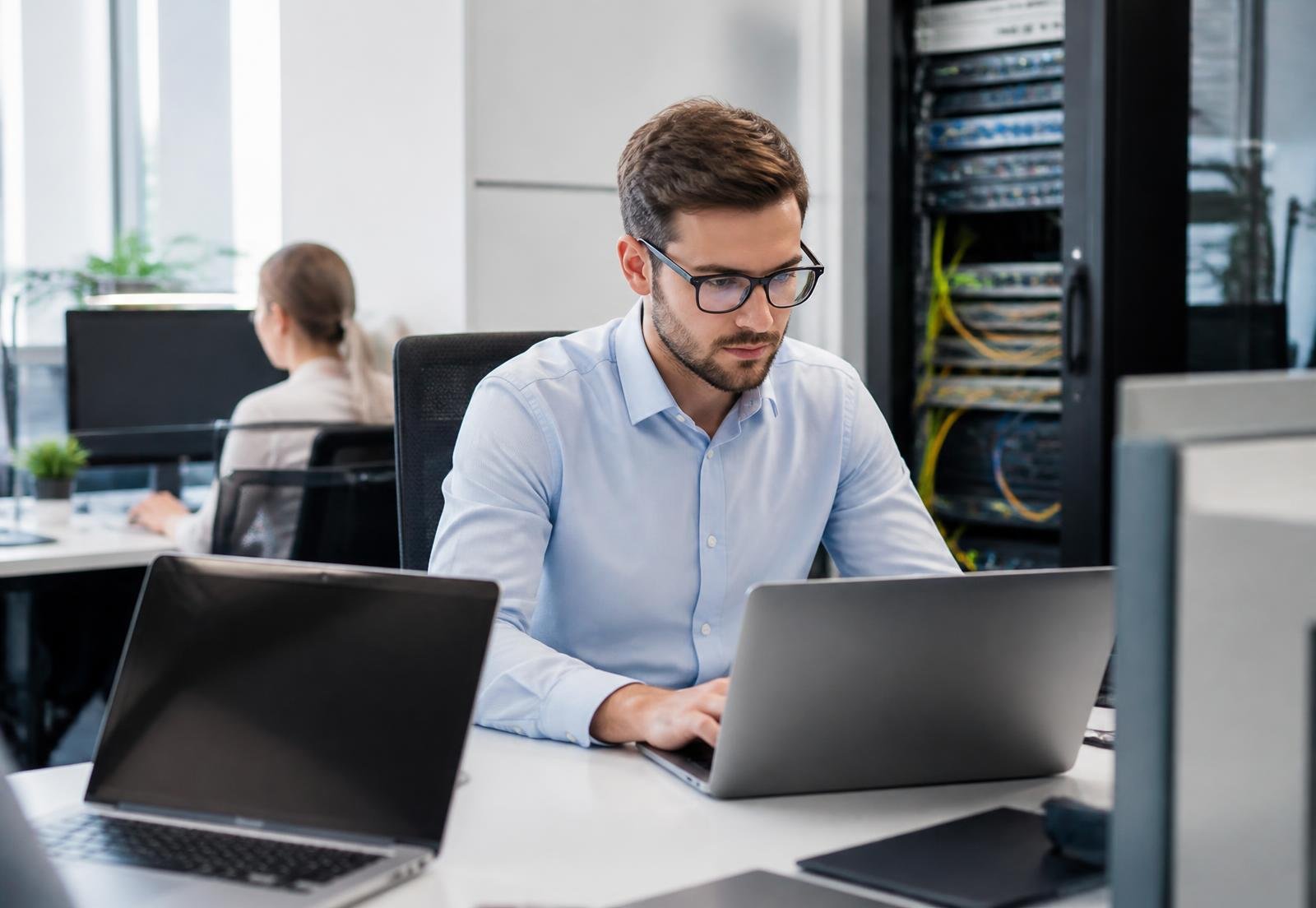 IT engineer working on business laptops beside a network server rack in a modern office